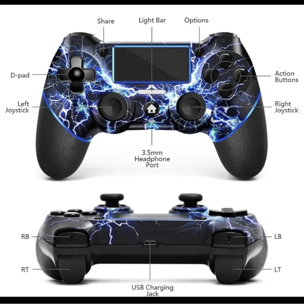 Wireless Game Controller with Blue Lightning Design